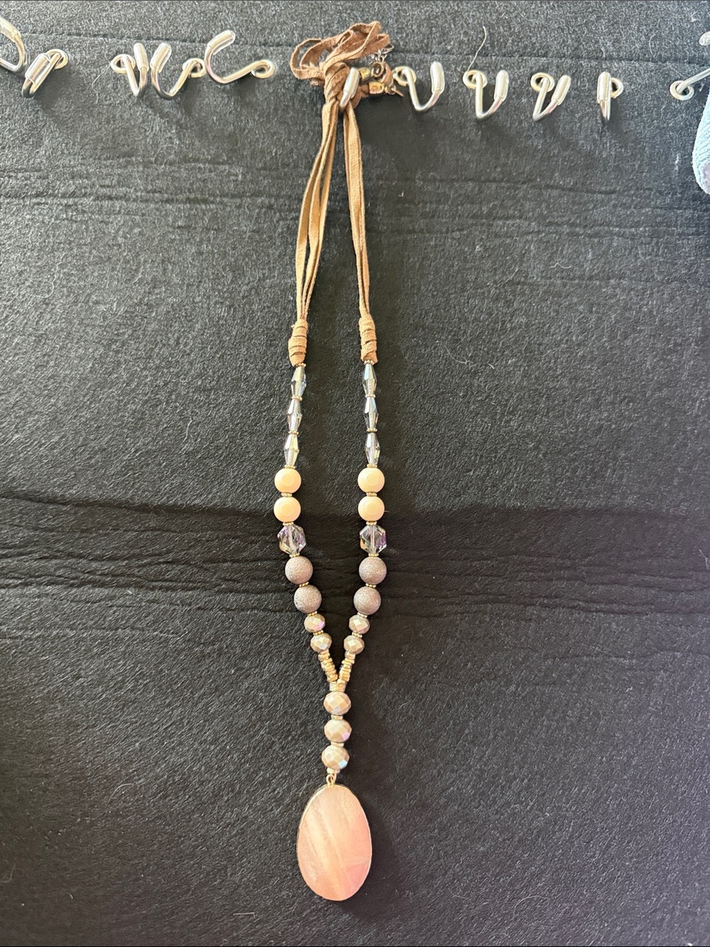 Handcrafted Pink Stone Pendant Necklace with Suede Cord